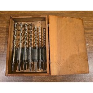 Vintage Irwin CLINTON 7pc Set Auger Brace Bits Made In USA Near mint w/ Wood Box